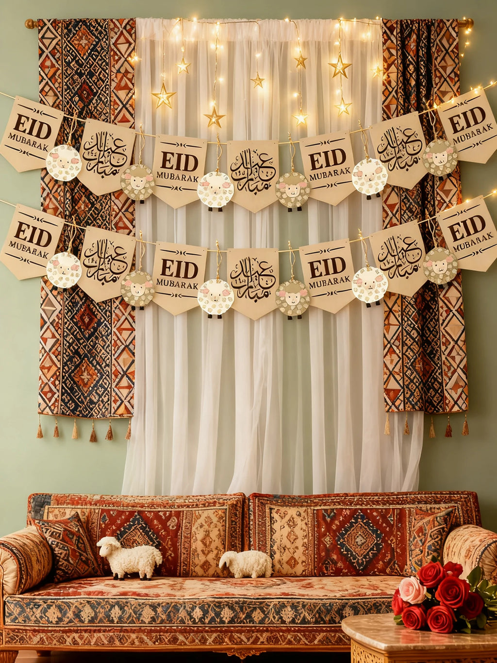 Eid Mubarak Banner with Sheep Ornaments, Islamic Wall Hanging Decor for Eid al-Fitr & Adha, Ramadan Kareem Home Party Decor Gift