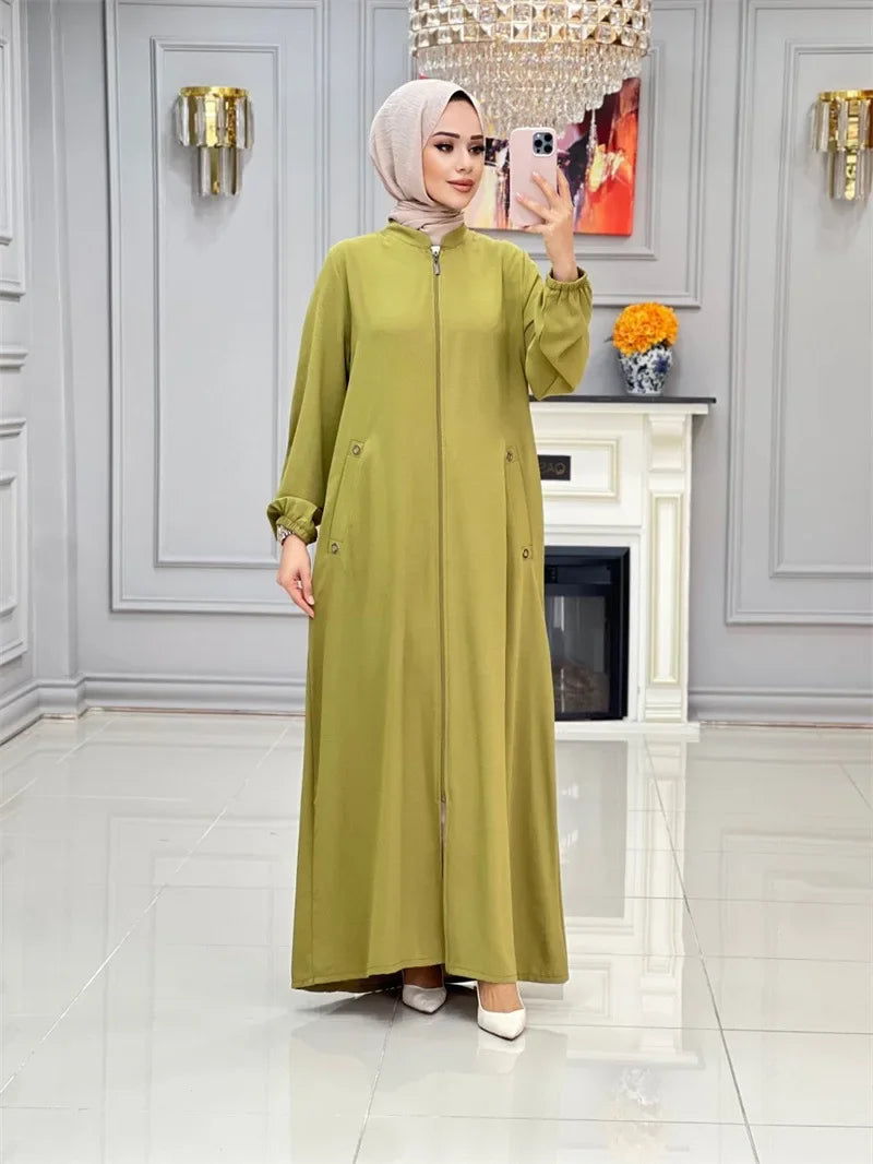 Middle East Dubai New Hot Sale Of The Season Women's Fashion Stand Collar Zipper Pocket Loose Casual Dress Gown Comfortable Eleg