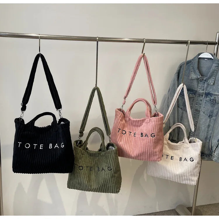 Large Capacity Striped Velvet Handbag Shoulder Bag for Woman Handbags Crossbody Bags, Versatile Letter Corduroy Women's Tote Bag