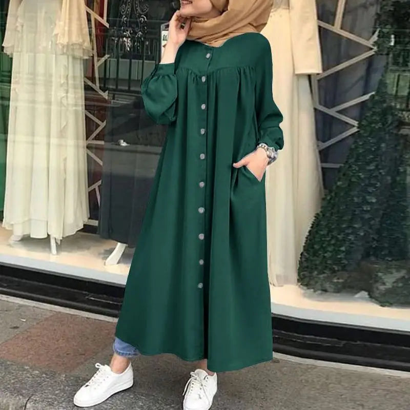 Casual Long Sleeve round Neck Pocket Women's  Muslim Fashion Comfortable Commuting Style Polyester Fiber D...