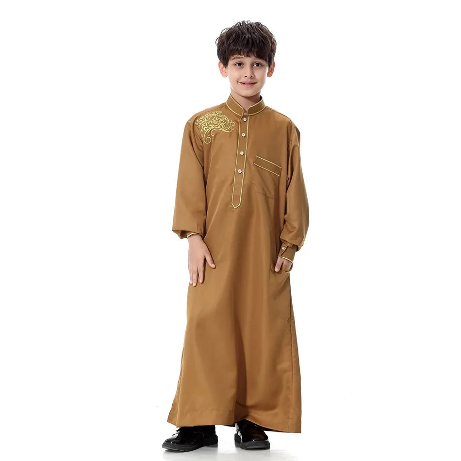 2025 New Kids Robe Children Embroidery Outfit Boys Ramadan Thawb Teens Long Sleeve National Clothes Arab Muslim Thobe 5-12 Years