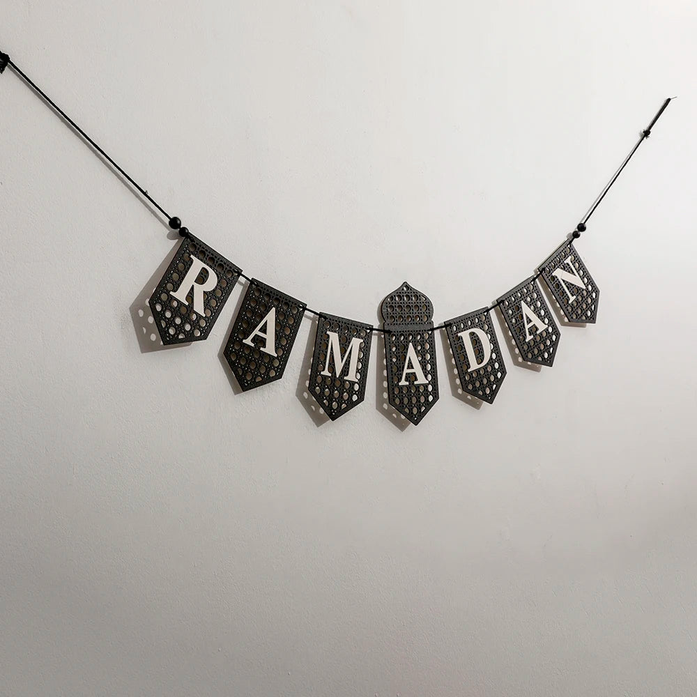 Ramadan Mubarak Banner - Hollow Lantern Hanging Garland for Islamic Muslim Eid Festival Home Party Ornament Wall Decor Supplies