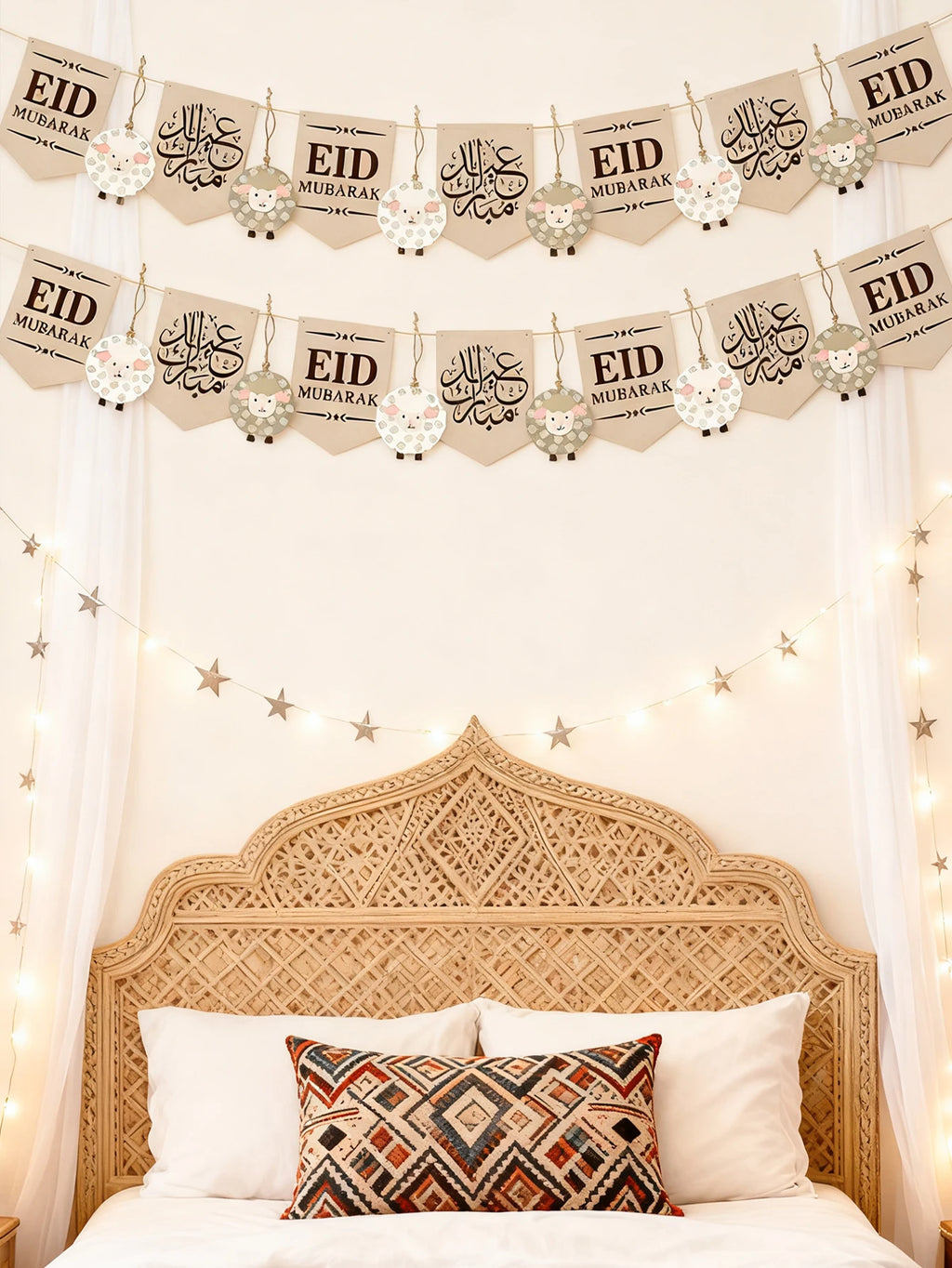 Eid Mubarak Banner with Sheep Ornaments, Islamic Wall Hanging Decor for Eid al-Fitr & Adha, Ramadan Kareem Home Party Decor Gift