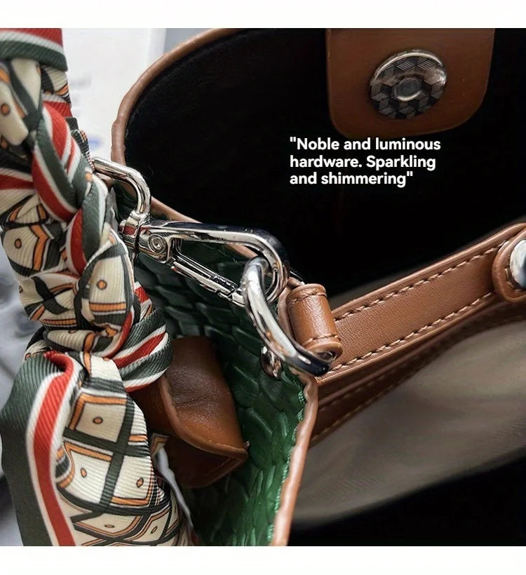 Fashionable Women's Bucket Bag, Stylish Solid Color Woven Effect Handbag Shoulder Bag and Crossbody Bag, Can Be Carried By Hand