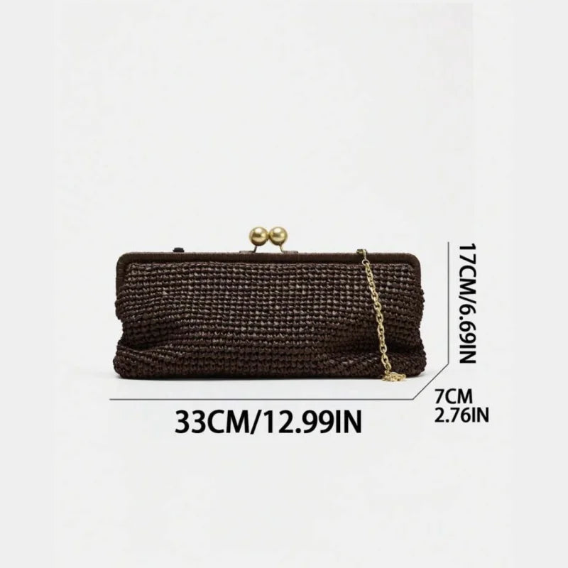 New Handwoven Raffia Shoulder Bag, Women's Staw Crossbody Bag Vacation Clip Bag Clutchs, Summer Luxury Design Baguette Bag