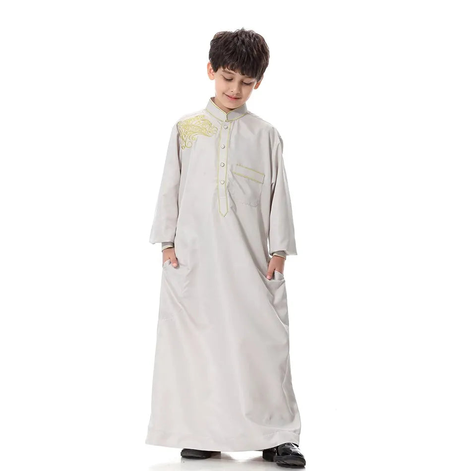 2025 New Kids Robe Children Embroidery Outfit Boys Ramadan Thawb Teens Long Sleeve National Clothes Arab Muslim Thobe 5-12 Years