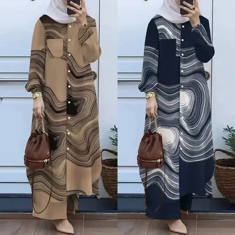 Pant Set Two Piece Shirt Pants Women Suits Shirt Blouse Musulman Ensembles Moroccan Kaftan Islamic Dress Sets