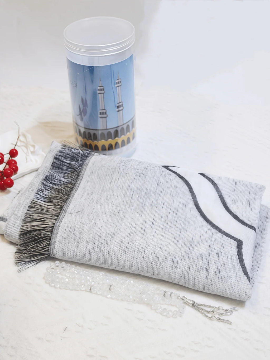 Muslim Prayer Rug and Prayer Beads with Elegant Design Cylinder Gift Box  Islamic Gifts Set Carpet Mat Soft Fabric Black