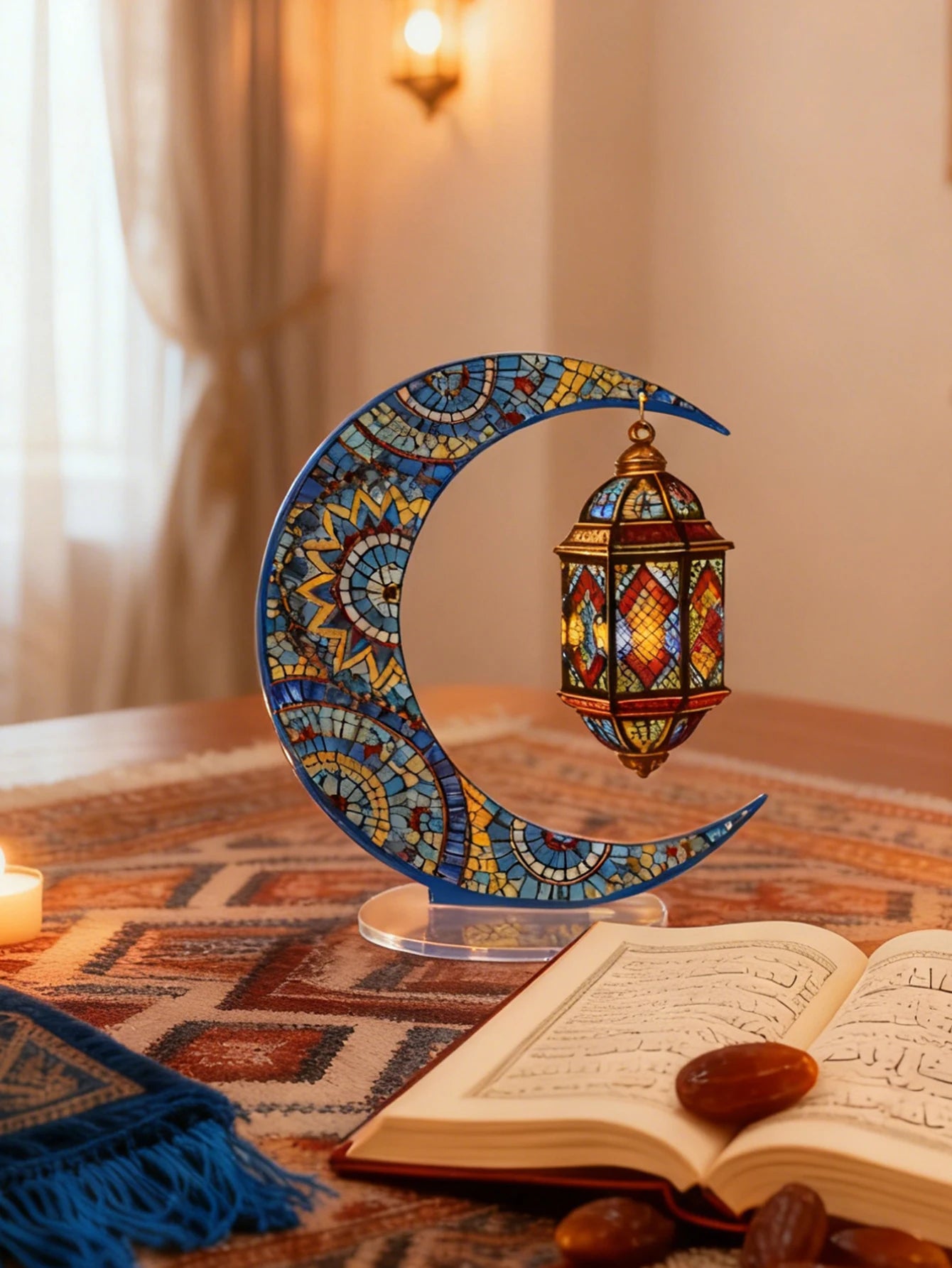 Ramadan Mubarak Decor Crescent Moon Table Ornaments with Lantern Pendant Islamic Eid Festival Home Decorations Muslim Party Gift