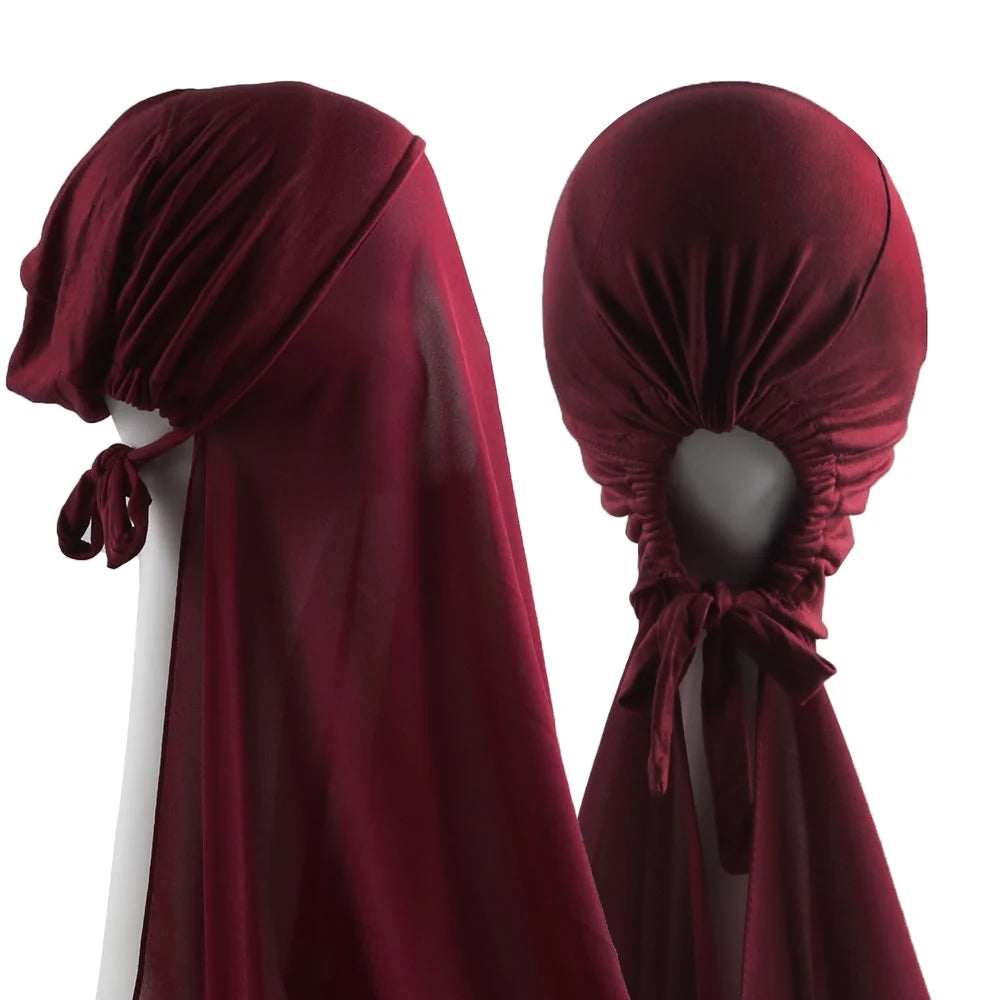 Muslim Instant Hijab Women Bonnet with Chiffon Shawl Head Scarf Cap Inner Headband Stretch Hijab Cover Headwrap Turbante