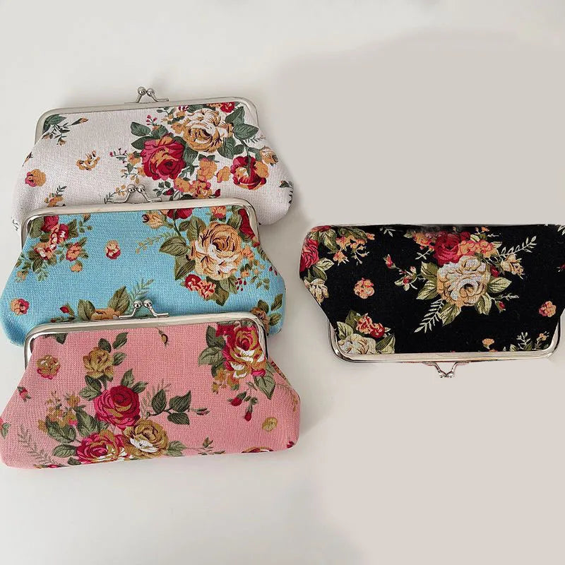 Women's Vintage Floral Pattern Coin Purse, Kiss-Lock Clutch Purse, Lightweight Wallet