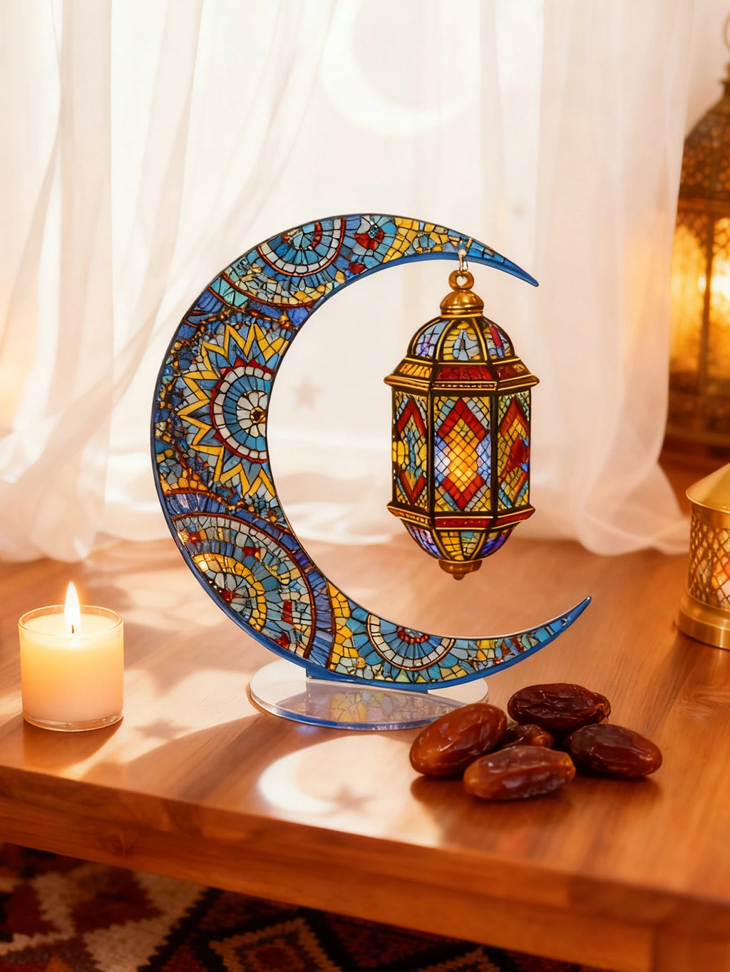 Ramadan Mubarak Decor Crescent Moon Table Ornaments with Lantern Pendant Islamic Eid Festival Home Decorations Muslim Party Gift