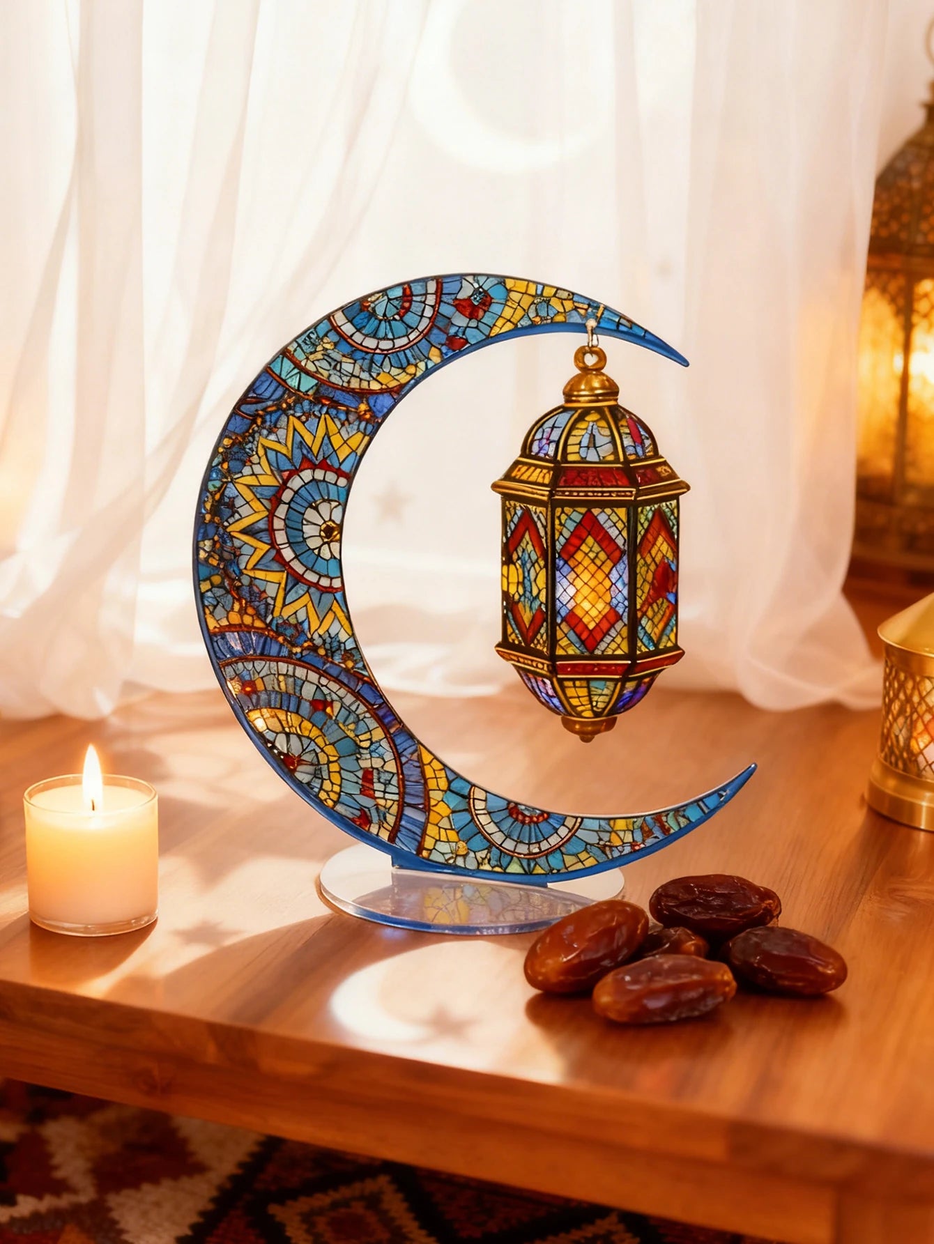 Ramadan Mubarak Decor Crescent Moon Table Ornaments with Lantern Pendant Islamic Eid Festival Home Decorations Muslim Party Gift