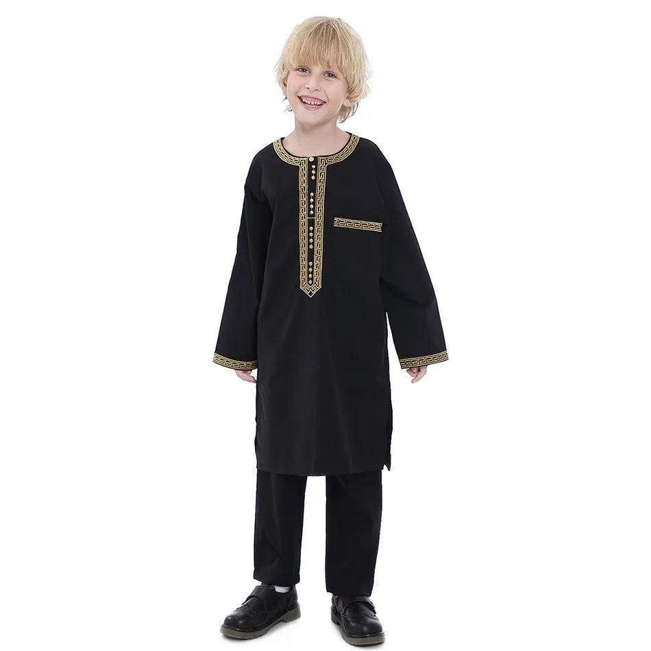 Ramadan Eid Muslim Boys Clothing Set Arab Thobe 2-Piece Outfit Long Sleeve Traditional for Kids Summer National Festival Costume
