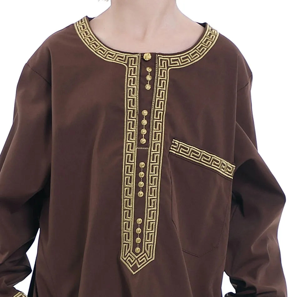 Ramadan Eid Muslim Boys Clothing Set Arab Thobe 2-Piece Outfit Long Sleeve Traditional for Kids Summer National Festival Costume