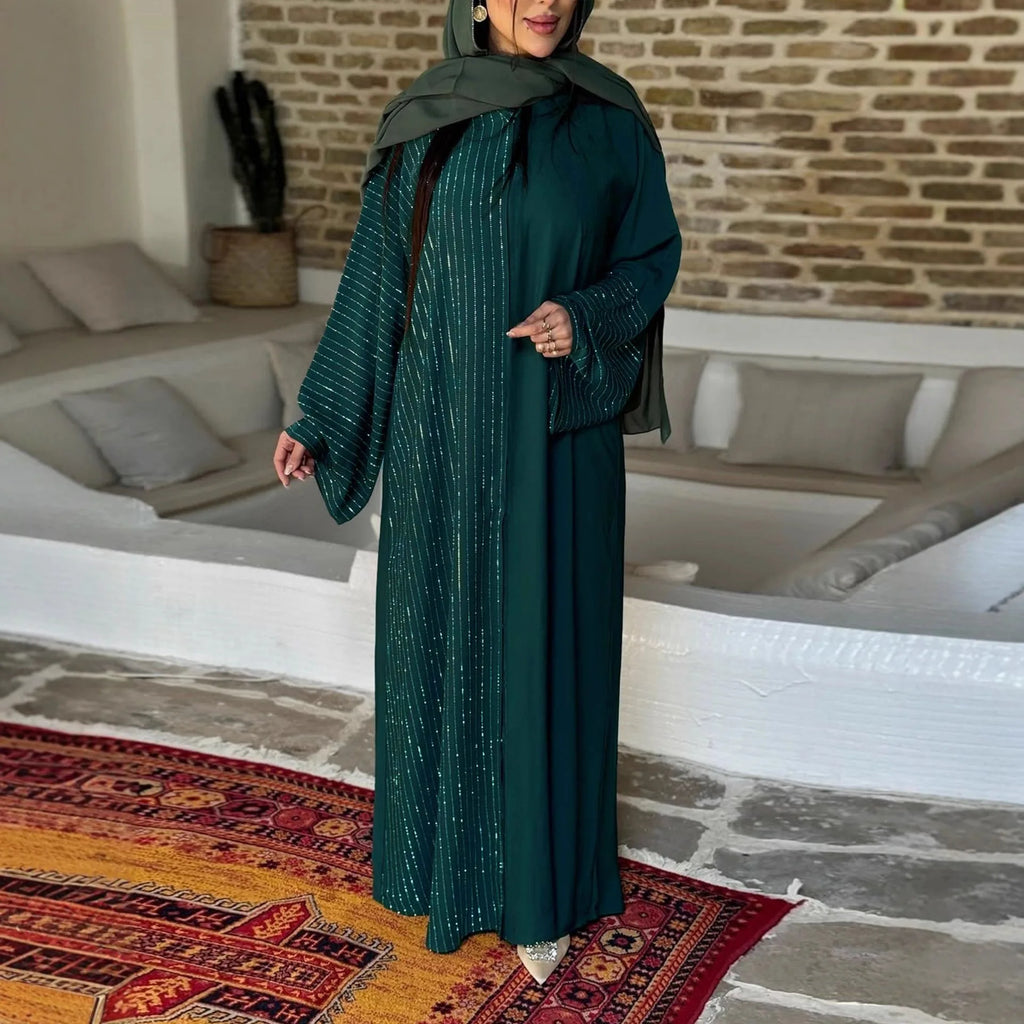 Elegant Long Sleeve Open Cardigan Middle East Fashion Loose Women's Muslim Polyester Fabric Glitter Diamond Patchwork Dark Bu...
