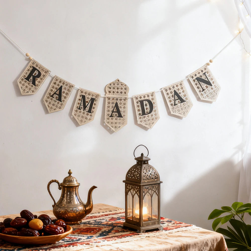 Ramadan Mubarak Banner - Hollow Lantern Hanging Garland for Islamic Muslim Eid Festival Home Party Ornament Wall Decor Supplies