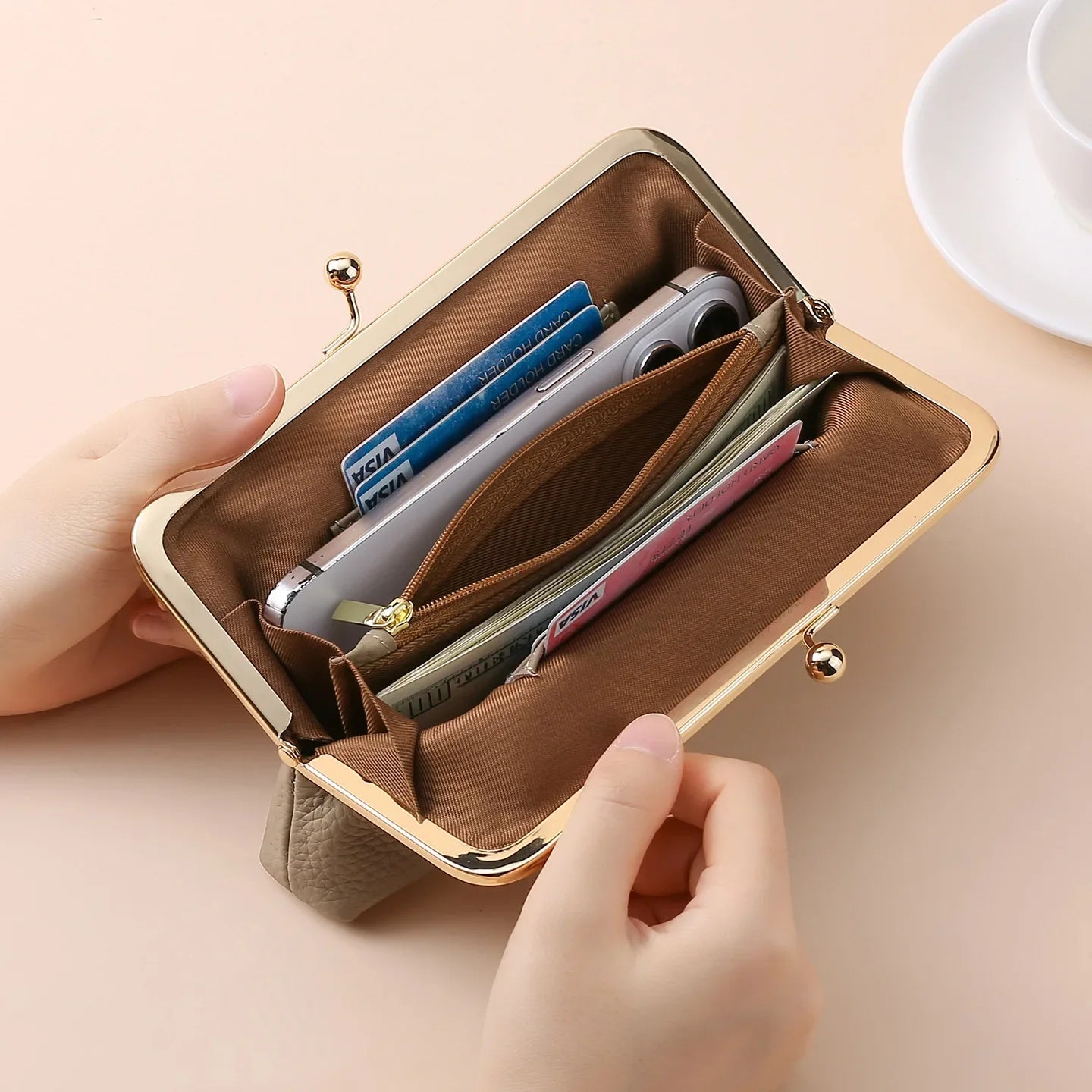 Genuine Leather Ladies Multi-Functional Clip-On Wallet Long Dinner Bag Lychee Pattern Top Layer Cowhide Handbag Soft Shell