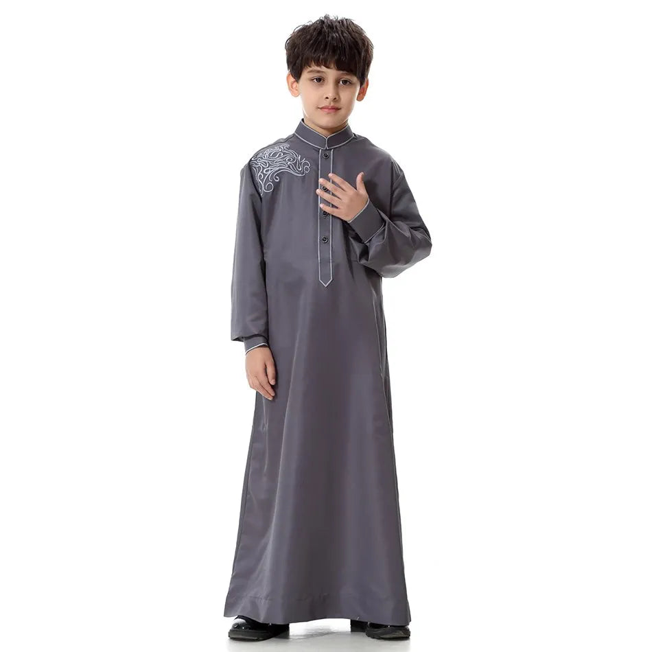 2025 New Kids Robe Children Embroidery Outfit Boys Ramadan Thawb Teens Long Sleeve National Clothes Arab Muslim Thobe 5-12 Years