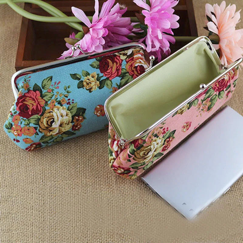 Women's Vintage Floral Pattern Coin Purse, Kiss-Lock Clutch Purse, Lightweight Wallet