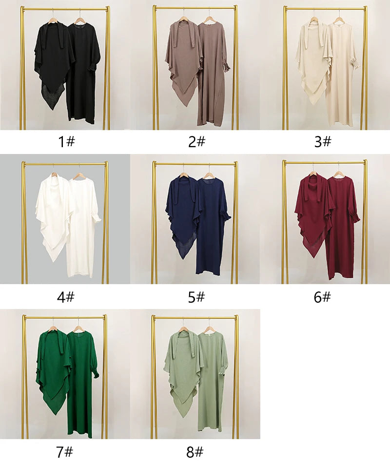 Two Piece Jilbab Prayer Set Abaya for Woman Batwing Hijab Dress Muslim Kimono Kaftan Robe Long Khimar Islam Cloth Jilbab Ramadan