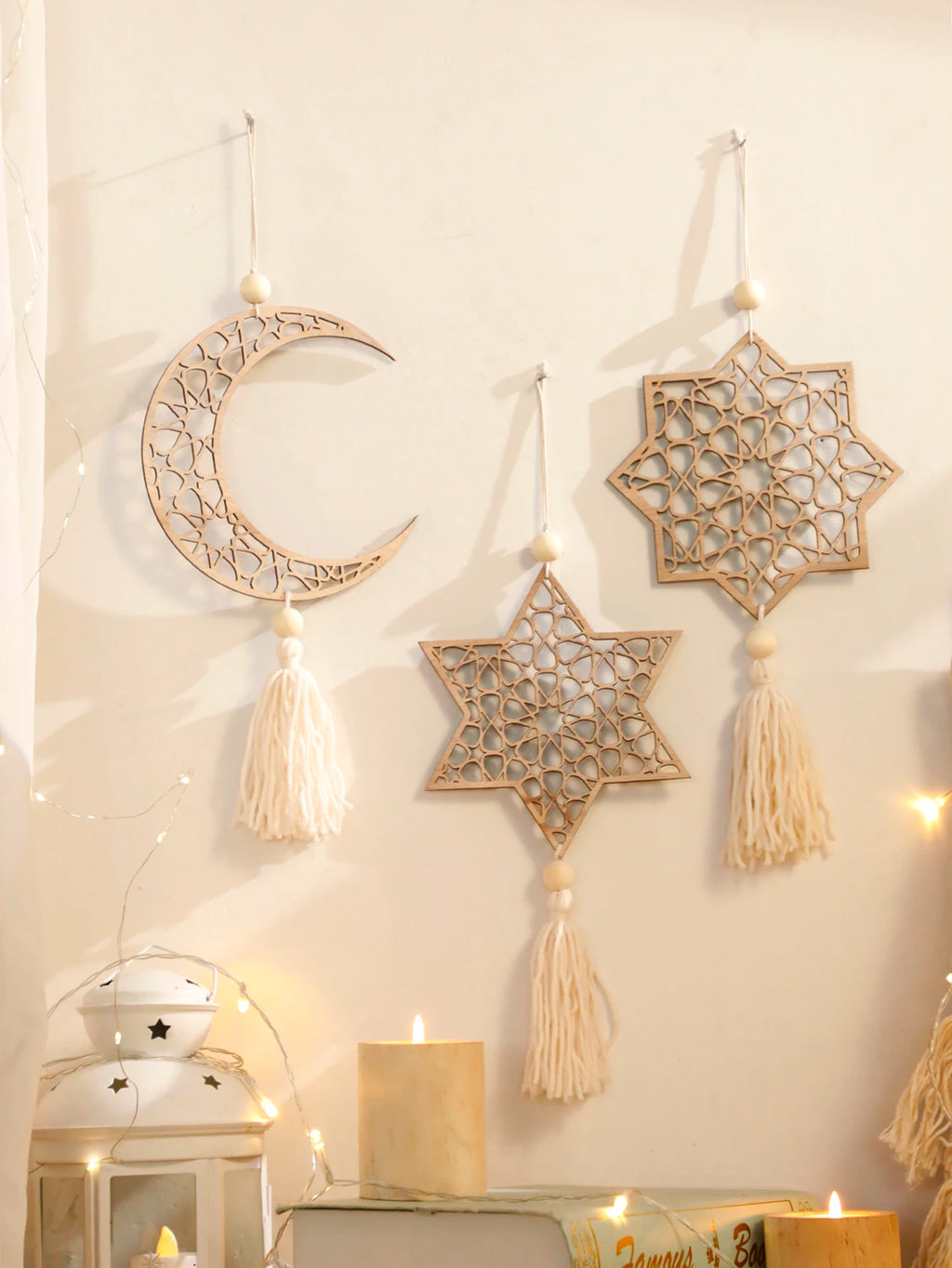 1/3Pcs Wooden Ramadan Hanging Ornaments With Tassels ,Eid Mubarak muslim decor Ramadan Kareem，Khaki Moon Ornaments Crafts Gift