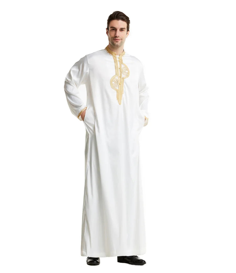 Men's Fashion Embroidered Long Robe Muslim Jubba Thobe Stand Collar Long Sleeve Daily Wear Polyester Spring Autumn