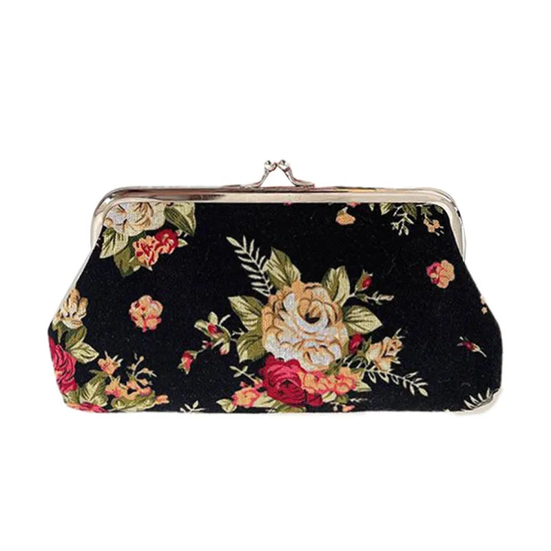 Women's Vintage Floral Pattern Coin Purse, Kiss-Lock Clutch Purse, Lightweight Wallet