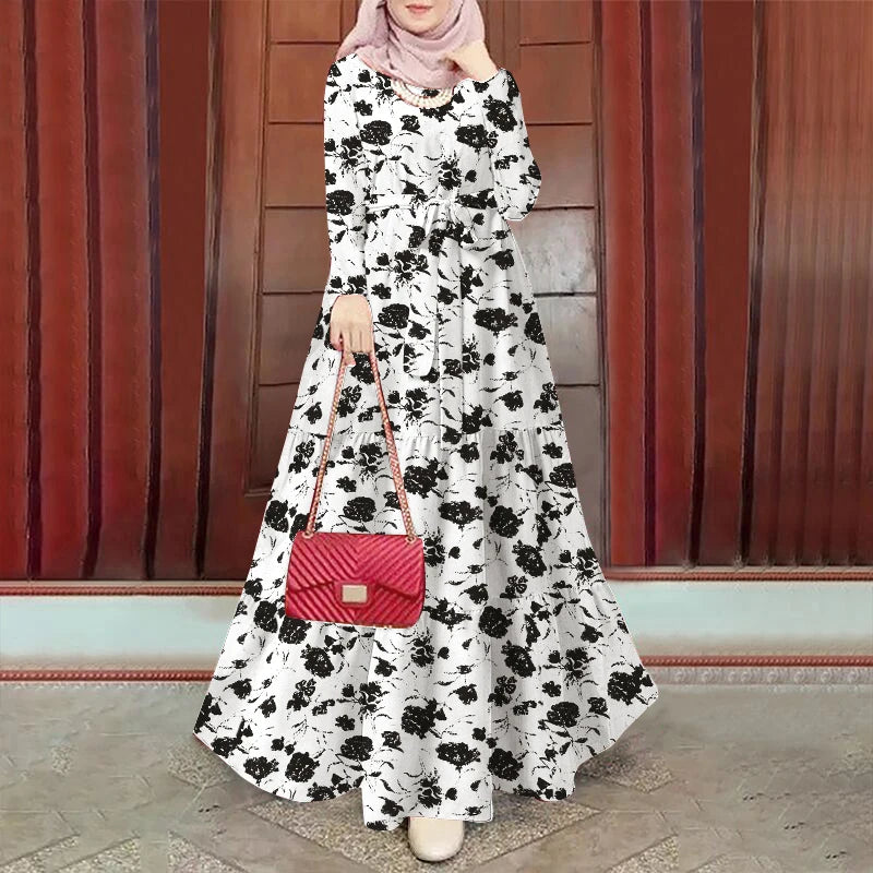 Women Autumn Long Sleeve Floral Printed Long Dress Turkey Abaya Eid Mubarek Robe IsIamic Hijab Vestidos