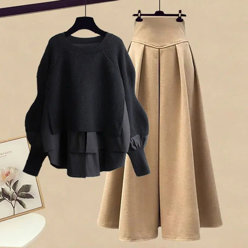 Spring/Autumn New Korean Elegant Splice Fake Two Piece Knitted Sweater Dress