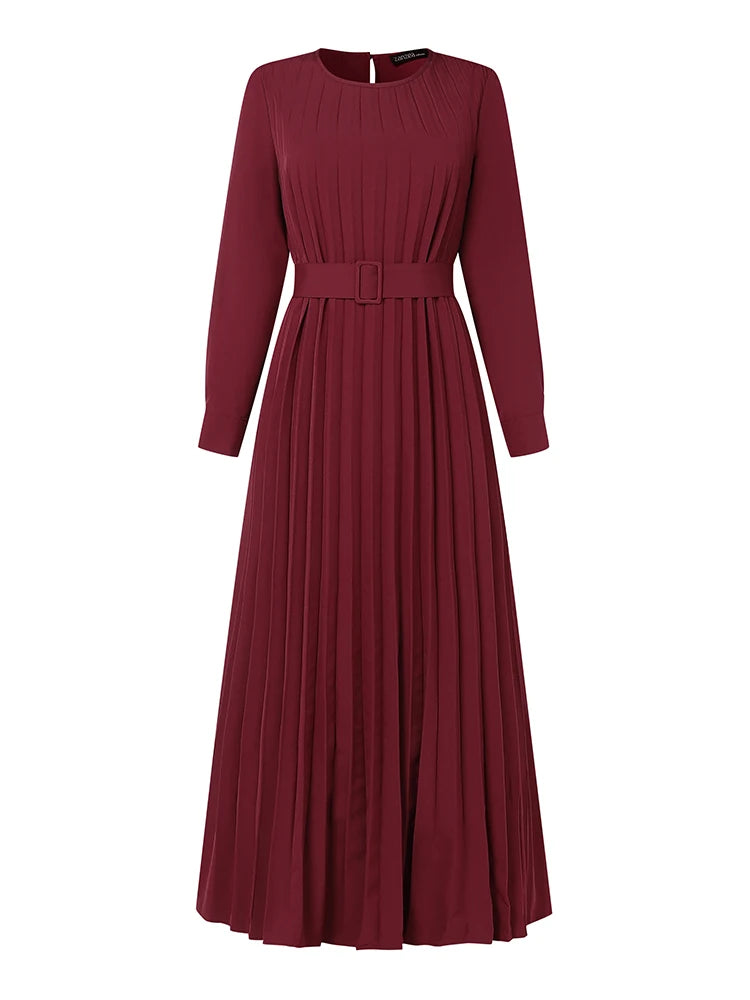 Dresses Women Muslim O-Neck Long Sleeve Belted Pleated Maxi Dress Elegant Loose Abaya Robes