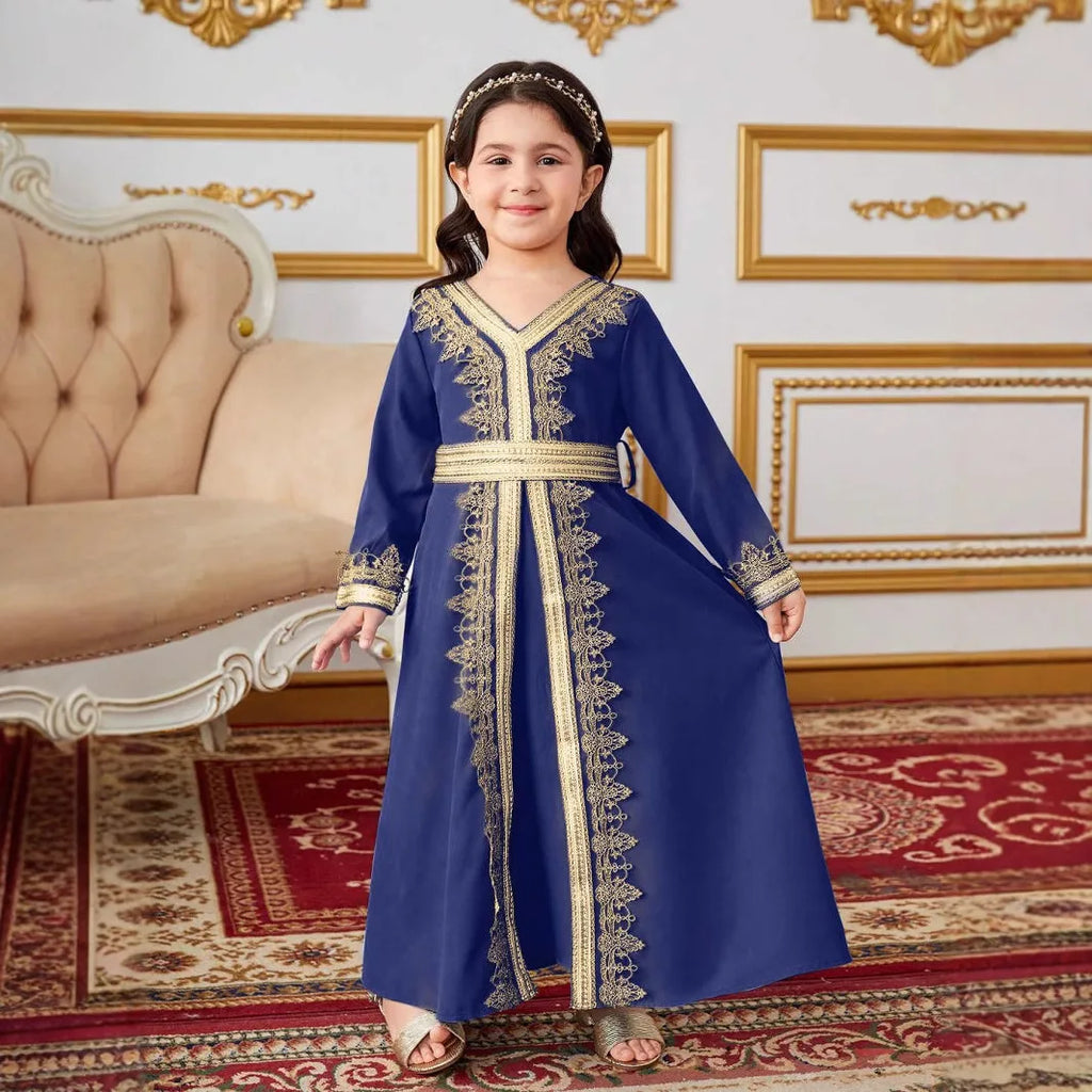 New Girl Ethnic Kaftan Dress Fashion Muslim Child Lace With Bow Belt Long Sleeves Dubai Banquet Gown Dress