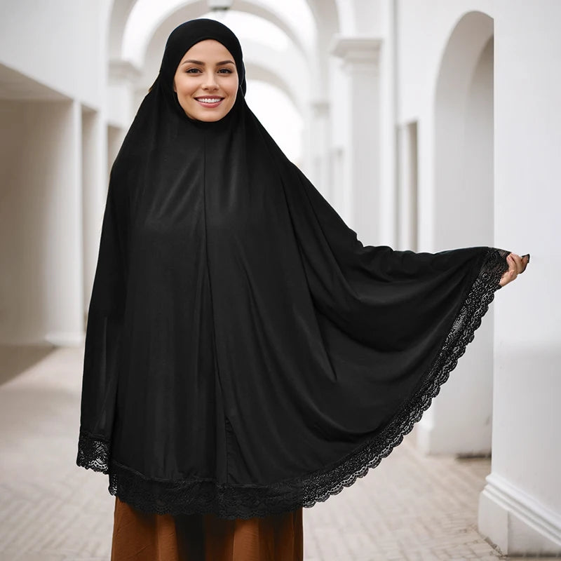 Muslim Abayas Full Cover Lace Edge Women Black Clothing Solid Color Instant Hijab Soft Premuim Cotton Hemp Ramadan Prayer Dress