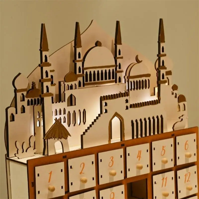 587F Eid Ramadans Countdown Calendar with LED Light and 30 Small Drawers Advent Decors for Islamics Parties Celebration