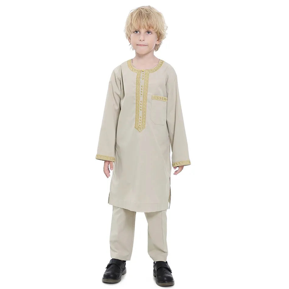 Ramadan Eid Muslim Boys Clothing Set Arab Thobe 2-Piece Outfit Long Sleeve Traditional for Kids Summer National Festival Costume
