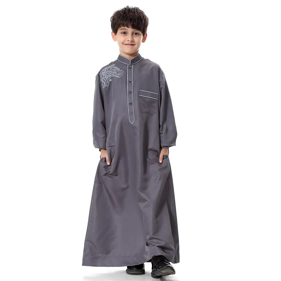 2025 New Kids Robe Children Embroidery Outfit Boys Ramadan Thawb Teens Long Sleeve National Clothes Arab Muslim Thobe 5-12 Years