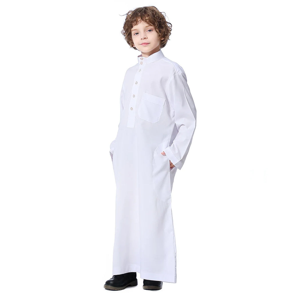 Boys Islamic Clothing Kids Muslim Jubba Thobe Solid Long Sleeve Stand Collar Kaftan Robes Arab Dubai Children Casual Abaya Dress