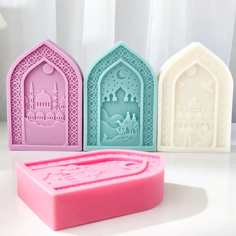 Prayer Arabic Gate Candle Silicone Mold Flat Relief Mosque Architectural Style Soap Resin Mold Eid al Fitr Decor Supplies