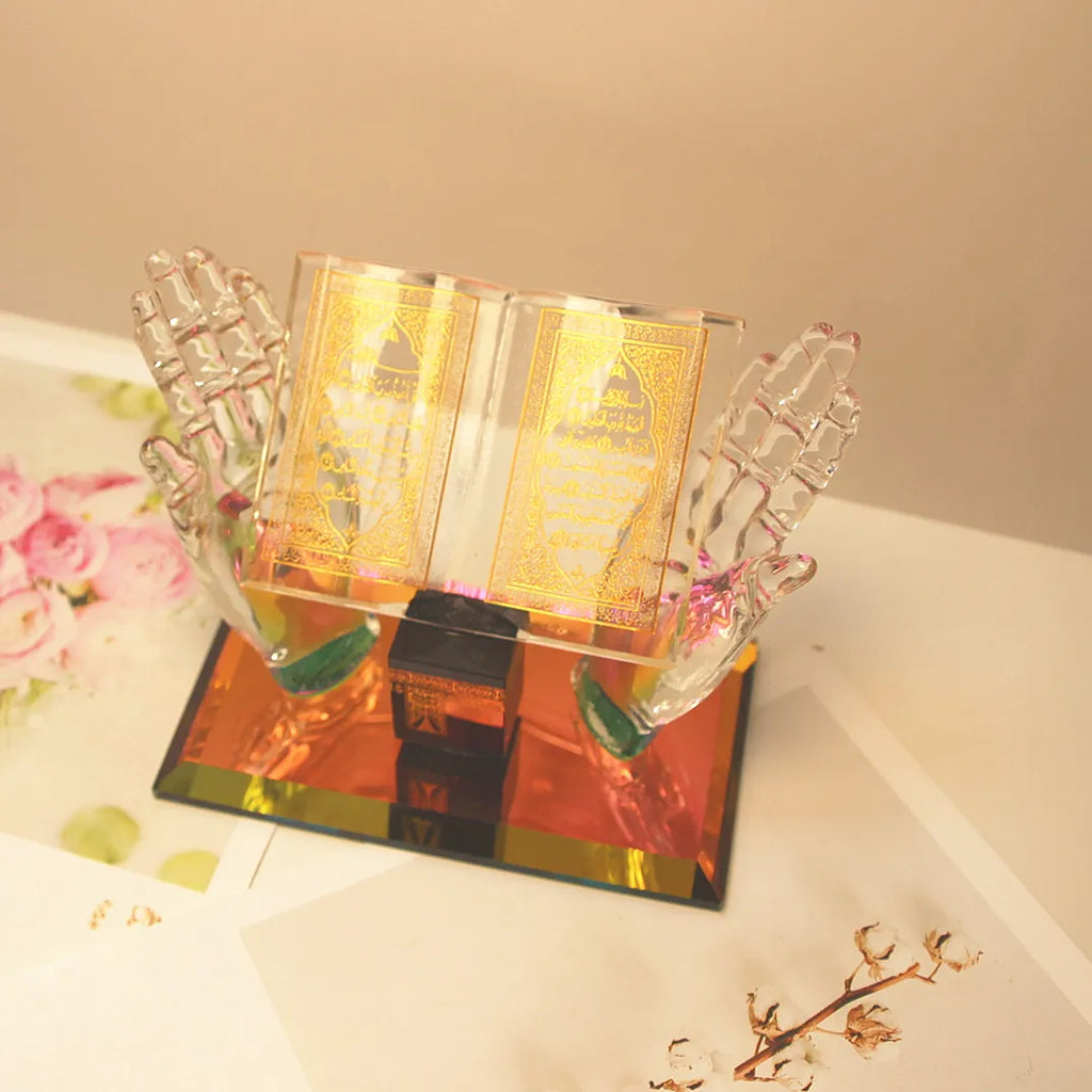 Muslim Crystal Ornament, Crystal Gilded Kaaba Hand Holding Book Model for Home Office Table Vehicle Decor Souvenirs  Eid Gift