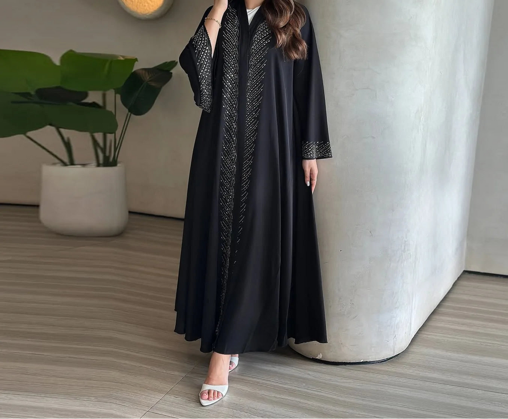 Fashionable Black Long Open Cardigan Abaya with Rhinestones Loose Polyester Midi Dress for Women in Dubai Autumn