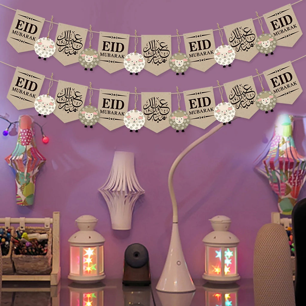 Eid Mubarak Banner with Sheep Ornaments, Islamic Wall Hanging Decor for Eid al-Fitr & Adha, Ramadan Kareem Home Party Decor Gift