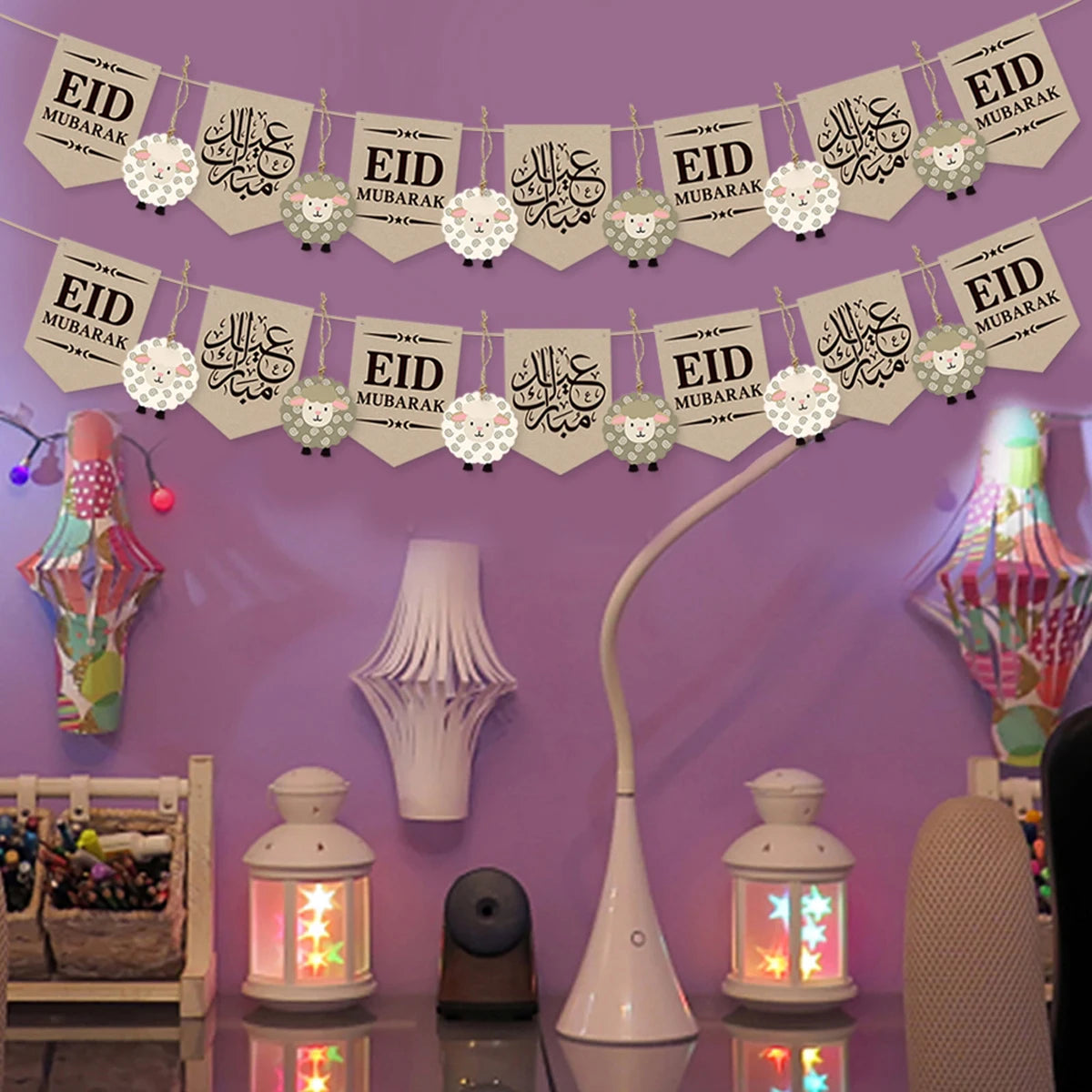 Eid Mubarak Banner with Sheep Ornaments, Islamic Wall Hanging Decor for Eid al-Fitr & Adha, Ramadan Kareem Home Party Decor Gift