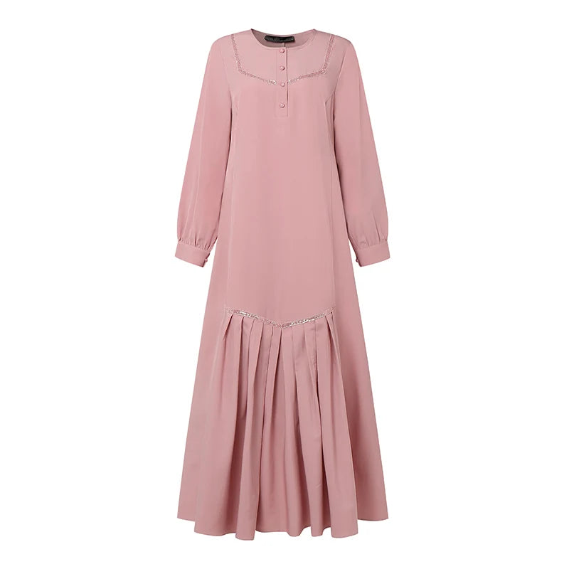 Dress Elegant Women Maxi Dresses Fashion Long Lantern Sleeve Robe Pleated Sundress IsIamic Clothing