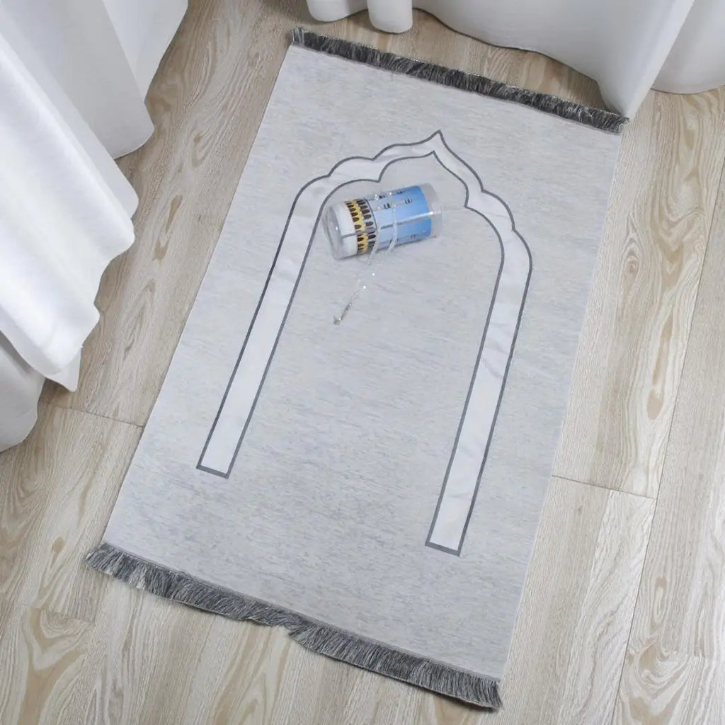 Muslim Prayer Rug and Prayer Beads with Elegant Design Cylinder Gift Box  Islamic Gifts Set Carpet Mat Soft Fabric Black