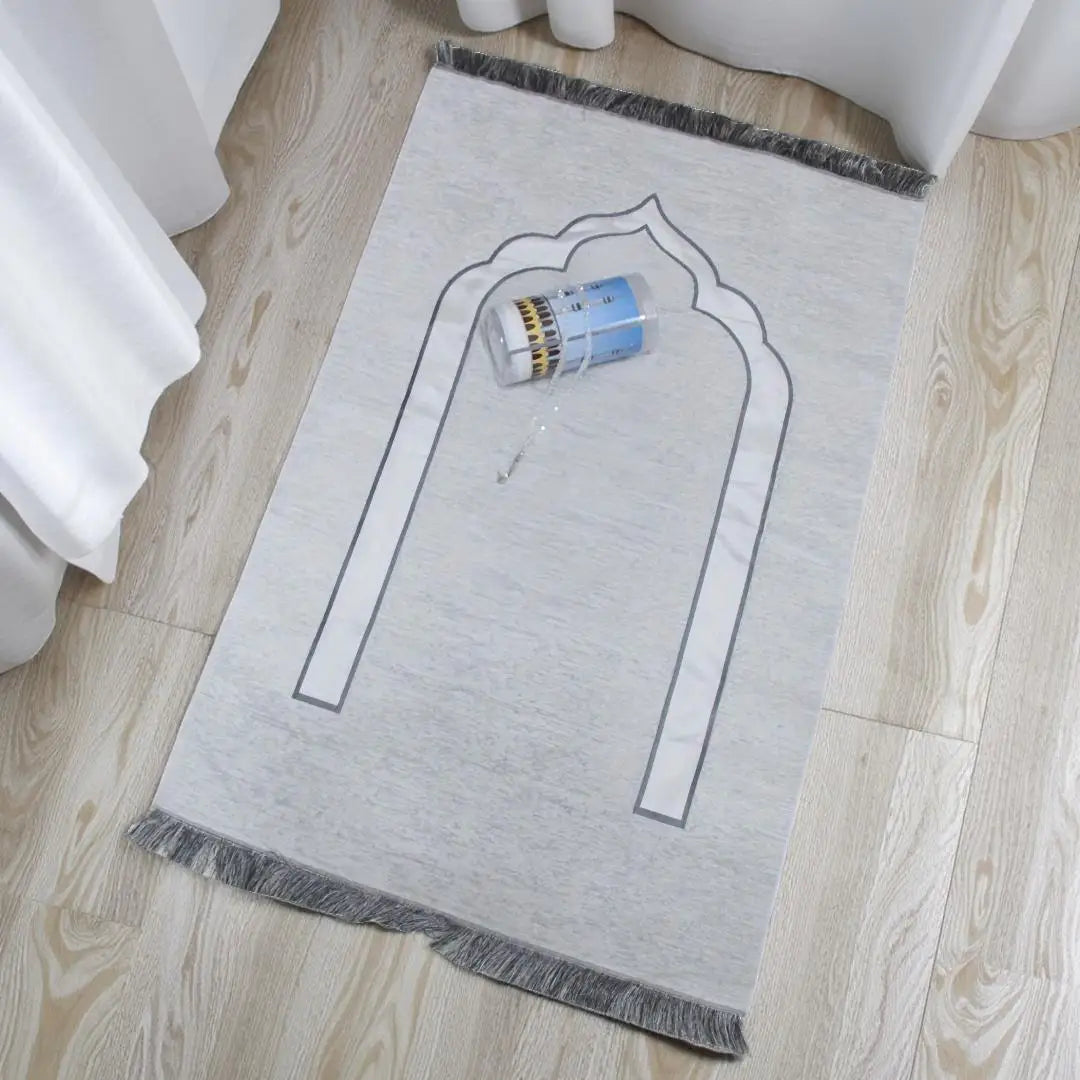 Muslim Prayer Rug and Prayer Beads with Elegant Design Cylinder Gift Box  Islamic Gifts Set Carpet Mat Soft Fabric Black