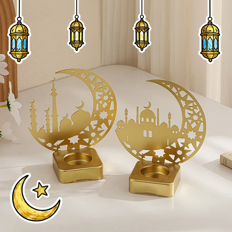 Ramadan Candlestick  Home Decor Eid Mubarak Candle Holder Table Ornament Muslim Festival Party Crescent Moon Star Decor