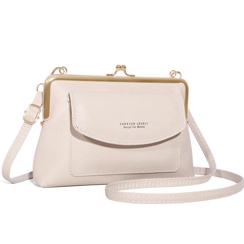 Women's Elegant PU Leather Clutch Wallet, Modern Kiss Lock & Zipper Design, Crossbody Bag With Adjustable Strap