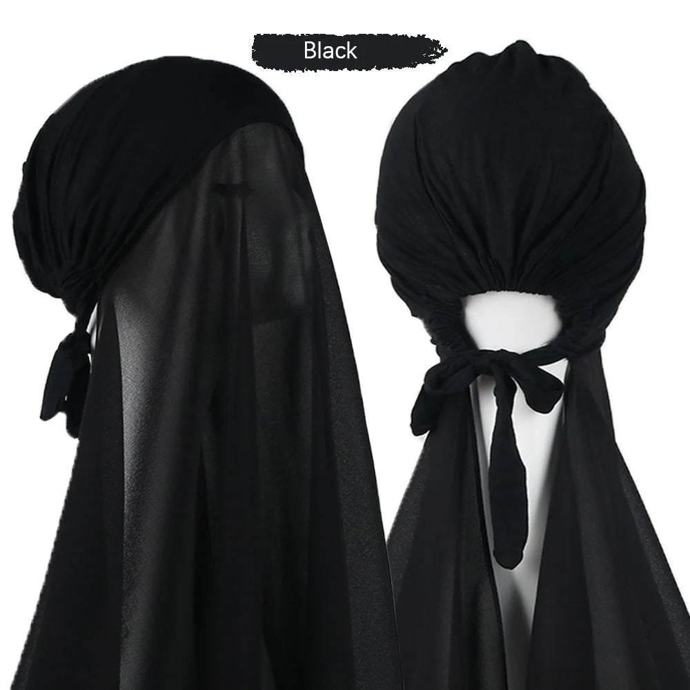 Muslim Instant Hijab Women Bonnet with Chiffon Shawl Head Scarf Cap Inner Headband Stretch Hijab Cover Headwrap Turbante
