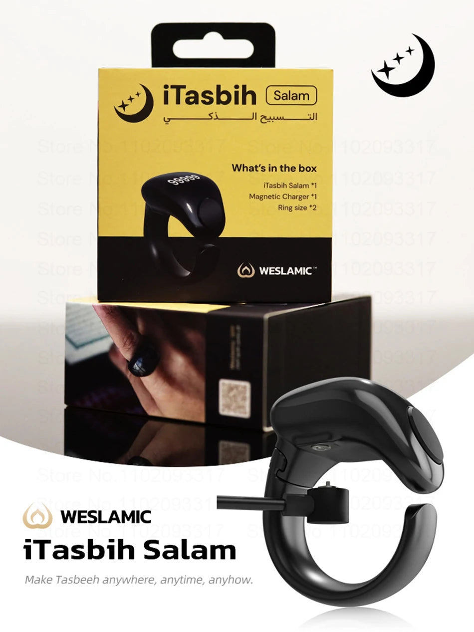 Weslamic Smart Tasbeeh Zikr Ring Islamic Tally Digital Counter for Muslims Praise Prayer Reminder Magnetic Charging Waterproof