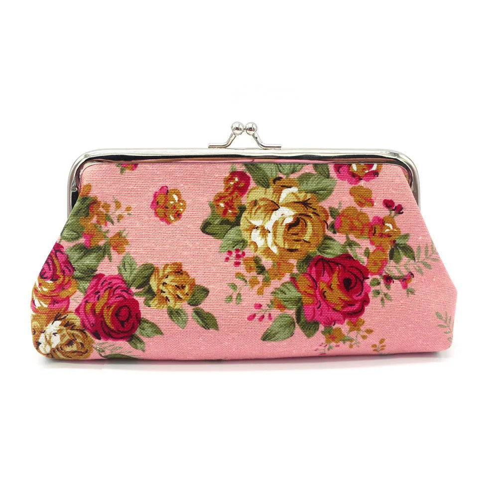 Women's Vintage Floral Pattern Coin Purse, Kiss-Lock Clutch Purse, Lightweight Wallet